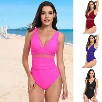 Женский монокини с глубоким V-образным вырезом без рукавов, утягивающий купальник с сетчатым прозрачным принтом S розы красного