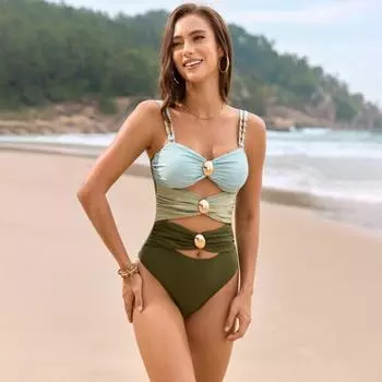 Женский монокини с открытыми плечами, цельный купальник с металлическими пряжками, лоскутный цвет, сексуальный S розовый