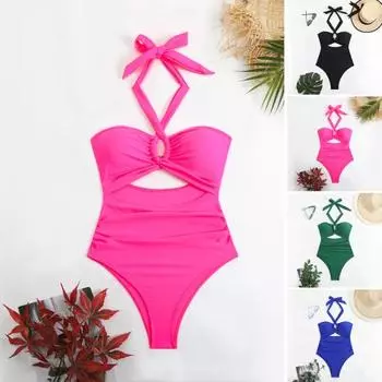 Женский монокини с подкладкой на косточках, однотонный, слитный бикини с вырезом на шее и полым дизайном, пляжный купальник для отдыха S