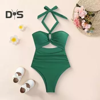 Женский монокини с подкладкой на косточках, однотонный, слитный бикини с вырезом на шее и полым дизайном, пляжный купальник для отдыха S синий