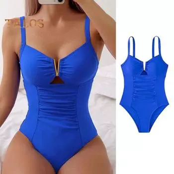 Женский монокини с V-образным вырезом без рукавов, с высокой талией, цельный бикини, однотонный, быстросохнущий купальный костюм S зелёный