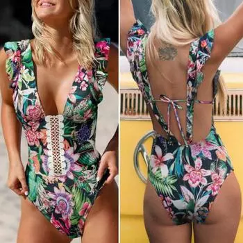 Женский монокини с высокой талией и открытой спиной, с ярким цветочным принтом и глубоким V-образным вырезом L циан