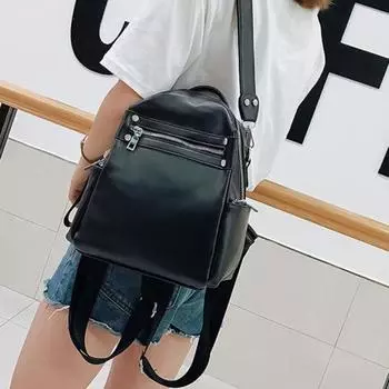 Женский мягкий искусственный кожаный водонепроницаемый рюкзак однотонный на молнии сумка через плечо чёрный