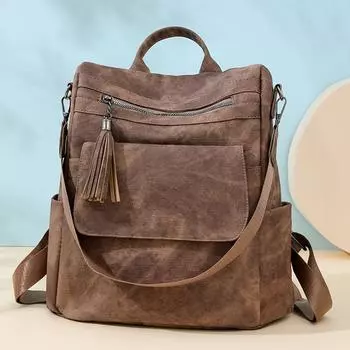 Женский мягкий кожаный рюкзак большой вместимости для школьников, школьный рюкзак с кисточками для путешествий бежевый