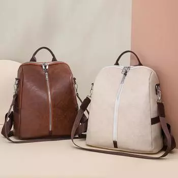 Женский мягкий кожаный рюкзак в стиле ретро с большой емкостью чёрный