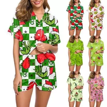 Женский мягкий пижамный комплект из двух предметов с принтом, шорты с короткими рукавами, комплект повседневной одежды, пижамный комплект L армия зеленый