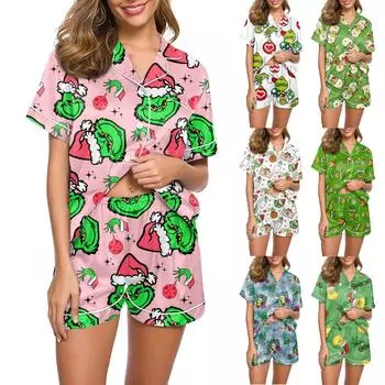 Женский мягкий пижамный комплект из двух предметов с принтом, шорты с короткими рукавами, комплект повседневной одежды, пижамный комплект L армия зеленый
