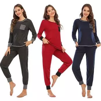 Женский мягкий пижамный комплект с длинными рукавами для отдыха, полосатый комплект из двух предметов для домашнего обслуживания M