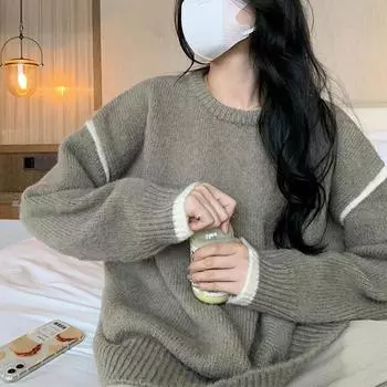 Женский мягкий повседневный простой пуловер осень-зима свободный круглый вырез вязаный свитер ленивый стиль низа трикотаж One Size белый