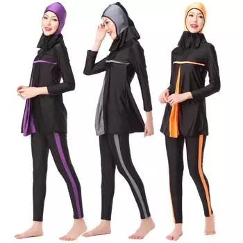 Женский мусульманский купальный костюм, 3 предмета, пляжная одежда с кепкой, сплошной цветной купальник, женские купальники, брюки с длинными рукавами, спортивный консервативный хиджаб S фиолетовый