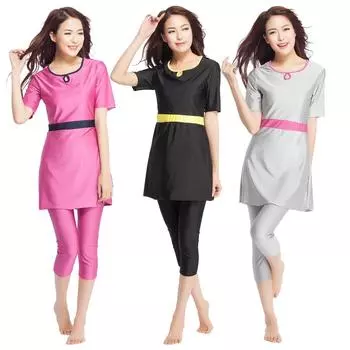 Женский мусульманский купальный костюм, мусульманская леди, традиционные топы с короткими рукавами, капри, женские лоскутные высокоэластичные исламские пляжные костюмы, женские купальники L чёрный