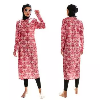 Женский мусульманский купальный костюм с принтом и кепкой, купальник, пляжная одежда, женские купальники с длинными рукавами, исламская одежда буркини, купальный костюм S красный