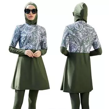 Женский мусульманский купальный костюм с принтом, мусульманский купальник, женский высокоэластичный раздельный купальник с высоким воротником, пляжная одежда S зелёный