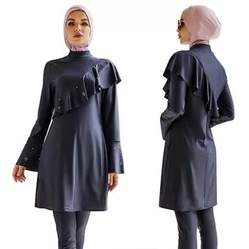 Женский мусульманский купальный костюм с кепкой и оборками Купальник Пляжная одежда Женские купальники с длинными рукавами Исламская одежда Буркини Купальный костюм Весь купальник S