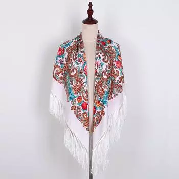 Женский мусульманский квадратный шарф с принтом в народном стиле и кисточками, шаль, дорожный шарф B