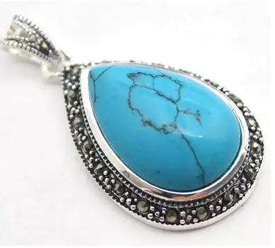 Женский мужской кулон из стерлингового серебра 925 пробы с марказитом 40x20 мм, синяя капля воды, бирюзовый цвет