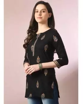 Женский напечатанный искусственный шелк А-силуэт Курта праздничная одежда дизайнерский индийский пакистанский Курти топ платье XS чёрный