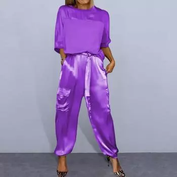 Женский наряд для поездок на работу, элегантный атласный женский брючный костюм с карманами на шнуровке, стильный топ с круглым вырезом, брюки для повседневного ношения M абрикосовый