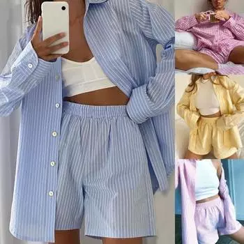 Женский наряд, вертикальные полосы, высокая талия, двухсекционная рубашка с длинными рукавами и лацканами, карманы, шорты для вечеринки L синий