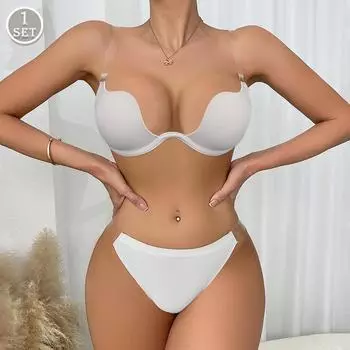 Женский невидимый бюстгальтер и трусики комплект с глубоким вырезом бюстгальтеры с заниженной талией трусики B чашка нижнее белье для вечеринки дизайн открытой спины 80B белый