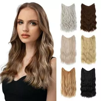 Женский невидимый прозрачный провод для наращивания волос на клипсе, пушистый регулируемый натуральный длинный вьющийся синтетический парик 16inch