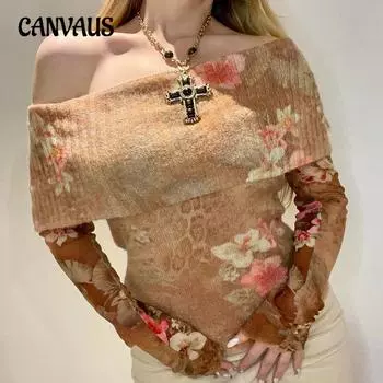 Женский нежный винтажный топ с манжетами и одним воротом с цветочным принтом Spice Girl, сексуальный, с открытыми плечами, облегающий, с длинными рукавами S коричневый