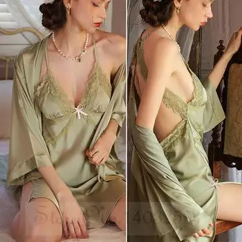 Женский ночной халат комплект пижамы сексуальное кружевное нижнее белье с открытой спиной ночная рубашка летняя домашняя одежда свободный атласный халат платье домашнее платье M