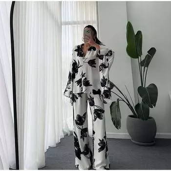 Женский новый 2025 свободный большого размера нерегулярный повседневный костюм-двойка с принтом: рубашка и брюки широкого кроя S