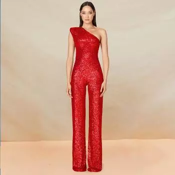 Женский новый безрукавный комбинезон на одно плечо с высокой талией и блестками S белый