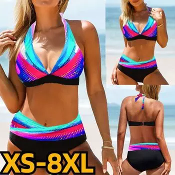 Женский новый дизайн, купальник с принтом, комплект из двух предметов, купальный костюм, женский купальный костюм с высокой талией, банный костюм, свободные купальники-бикини M