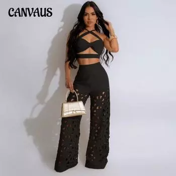 Женский новый двухсекционный сексуальный топ-халтер с выжженными цветами и широкими брюками, модный костюм S абрикосовый