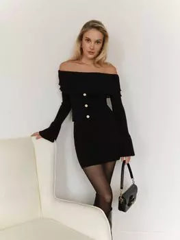 Женский новый французский свитер-топ с вырезом на одно плечо, вязаный свитер с длинным рукавом, топ-свитер с пуговичным декором S чёрный