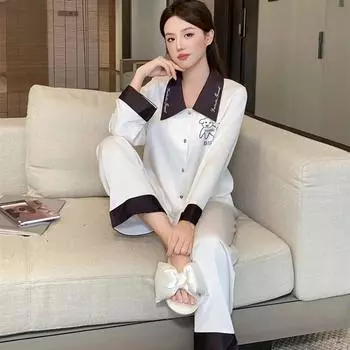 Женский новый кардиган пижама весна и осень лацкан сказочный стиль двойной длинный костюм из двух частей повседневная домашняя одежда M белый