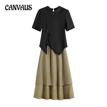 Женский новый китайский Cheongsam больших размеров, топ с короткими рукавами, юбка до половины тела, костюм