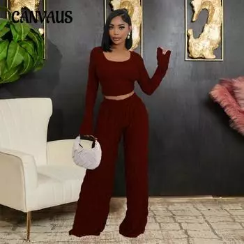 Женский новый комплект из двух предметов: короткий топ с однотонным воротником, длинными рукавами и модными узкими брюками S чёрный