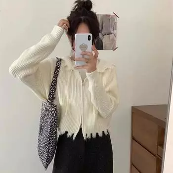 Женский новый корейский стиль, свободный короткий вязаный кардиган с капюшоном, застежкой-молнией, с кисточками и индивидуальным свитером One Size жёлтый