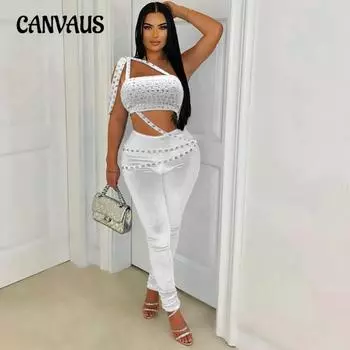 Женский новый короткий топ с вырезом на груди и узкими брюками, модные двухкомпонентные горячие модели с бриллиантами S белый