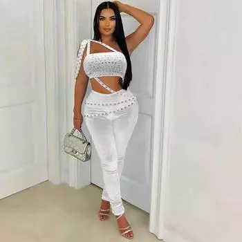 Женский новый короткий топ с вырезом на груди и узкими брюками, модные двухкомпонентные горячие модели с бриллиантами S белый