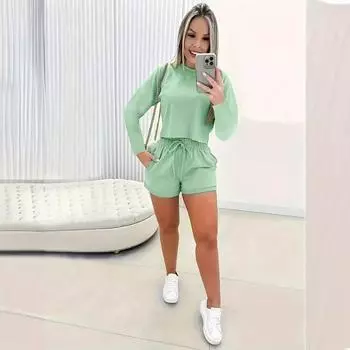 Женский новый летний костюм с длинным рукавом и шортами S зелёный
