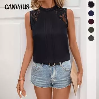 Женский новый летний кружевной топ без рукавов с высоким воротом и однотонным узором S чёрный