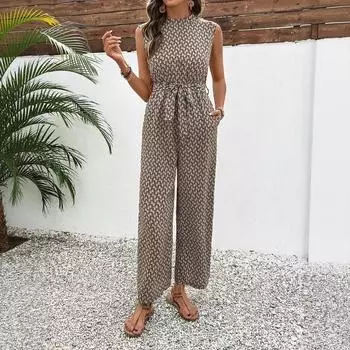 Женский новый летний повседневный комбинезон на шнуровке без рукавов с геометрическим принтом, брюки S хаки