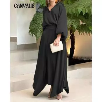 Женский новый летний свободный однотонный костюм с длинными рукавами и высокой талией, полуоблегающий, с длинной юбкой S чёрный