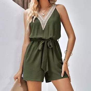 Женский новый модный повседневный кружевной однотонный комбинезон без рукавов с v-образным вырезом L армия зеленый