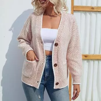 Женский новый однобортный вязаный свитер, осенний повседневный вязаный свитер с карманами, женские зимние кардиганы, куртки S светло-серый
