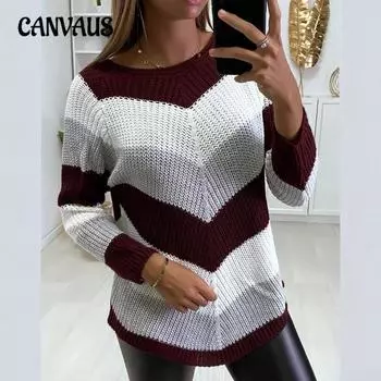 Женский новый осенне-зимний круглый вырез, цветной блокирующий нерегулярный длинный рукав вязаный свитер S темно-зеленого