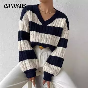 Женский новый осенне-зимний ленивый свободный сексуальный свитер с V-образным вырезом, перекрученный трикотажный хит в полоску с длинными рукавами S темно-синий