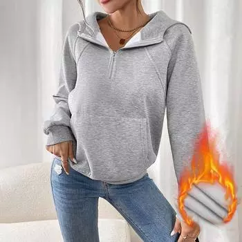 Женский новый осенне-зимний однотонный утолщенный свитер с капюшоном и застежкой-молнией S светло-серый