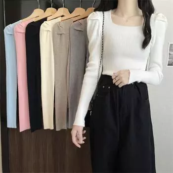 Женский новый осенне-зимний трикотажный свитер с глубоким вырезом на ключице, короткий черный топ с рукавами-фонариками Tide One size