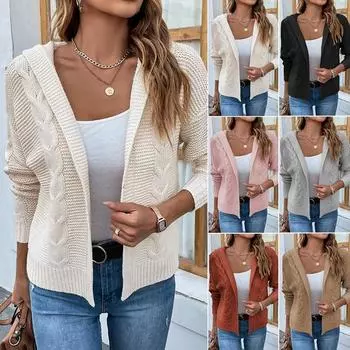 Женский новый осенне-зимний вязаный кардиган с капюшоном, пальто, однотонный свитер с длинными рукавами, куртка S белый