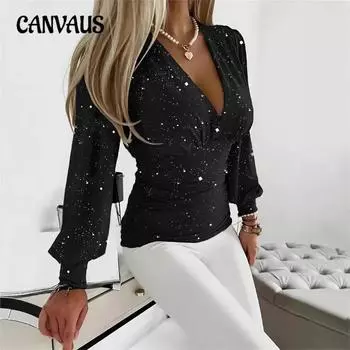 Женский новый осенний модный повседневный топ с длинным рукавом и V-образным вырезом, однотонный S чёрный